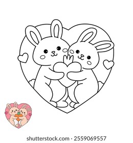 A cute couple of rabbit hugging feeling in love illustration vector. Valentine Day greeting cute elements for card, poster, invitation. Couple hug coloring page for valentine day theme printable.