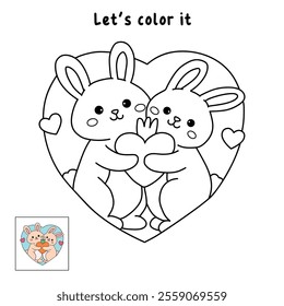 A cute couple of rabbit hugging feeling in love illustration vector. Valentine Day greeting cute elements for card, poster, invitation. Couple hug coloring page for valentine day theme printable.