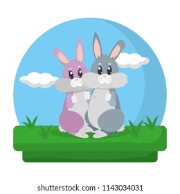 cute couple rabbit standing in the landscape