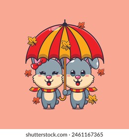 Cute couple rabbit with umbrella at autumn season. Mascot cartoon vector illustration suitable for poster, brochure, web, mascot, sticker, logo and icon.