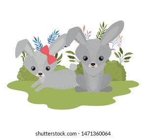 cute couple of rabbits with background landscape