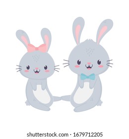 cute couple rabbits with bow tie animal cartoon isolated icon vector illustration