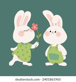 Cute couple of rabbits. Cartoon characters of the boy bunny and girl bunny. Kawaii hares for Valentine's Day, Birthday, or Easter card, sticker, banner, or package design. Vector illustration.