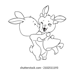 Cute couple, rabbits are hugging and kissing. Vector outline illustration in cartoon style, isolated on white background. Greetings for St. Valentine's Day, posters, post cards, prints, wrapping. 