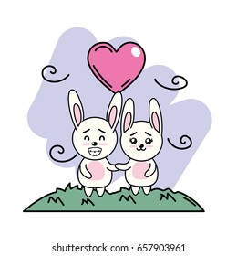 cute couple of rabbits in the mountain with heart