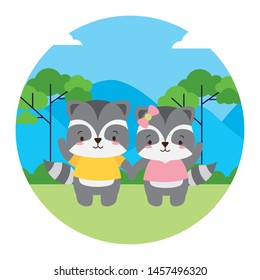 cute couple raccoon animal landscape natural vector illustration