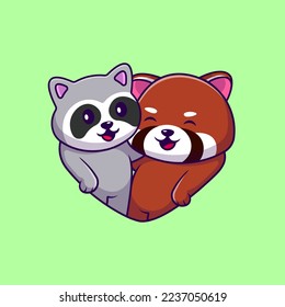 Cute Couple Raccoon And Red Panda Cartoon Vector Icons Illustration. Flat Cartoon Concept. Suitable for any creative project.