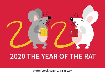 Cute of couple Rat with tails in number two shape. Animal cartoon character banner. Rat with gift box. Chinese new year greeting card. 2020 Rat zodiac.