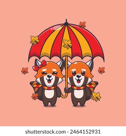 Cute couple red panda with umbrella at autumn season. Mascot cartoon vector illustration suitable for poster, brochure, web, mascot, sticker, logo and icon.