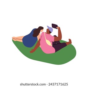 Cute couple relaxes on lawn during walk in park. Lovers sit on grass on romantic date outdoor. Girlfriend and boyfriend take selfie photo together by phone. Flat isolated vector illustration on white