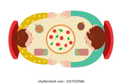 Cute couple at the restaurant sitting at the table with pizza and drinks, view from above. Vector flat illustration in bright colors. Romantic dinner.