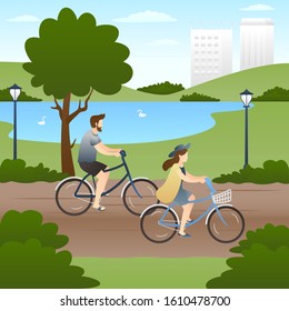 cute couple riding bicycles at park. outdoor activity romantic couple scenes. romantic couple relationship in flat vector illustration.