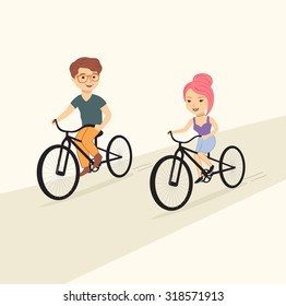 cute couple riding bicycles, vector