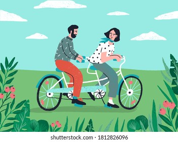 Cute couple riding on tandem bike at nature landscape vector flat illustration. Enamored man and woman enjoying physical activity on bicycle together. Happy people spending time at outdoor date