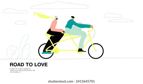 Cute couple riding on tandem bike at nature landscape vector flat illustration. Happy Valentine's Day concept.