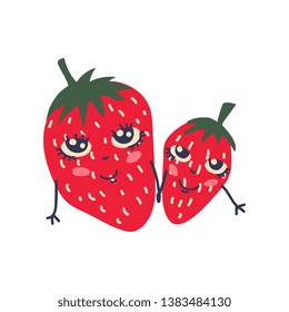 Cute Couple of Ripe Strawberries with Smiling Faces, Adorable Funny Fruits Cartoon Characters Vector Illustration