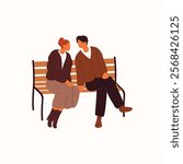 Cute couple is at romantic date on park. Happy people in relationships love each other. Beloveds, lovers sit on a bench together during walk. Flat isolated vector illustration on white background