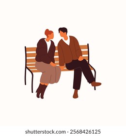 Cute couple is at romantic date on park. Happy people in relationships love each other. Beloveds, lovers sit on a bench together during walk. Flat isolated vector illustration on white background