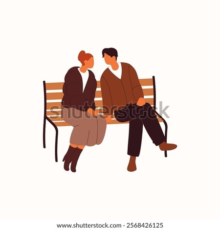 Cute couple is at romantic date on park. Happy people in relationships love each other. Beloveds, lovers sit on a bench together during walk. Flat isolated vector illustration on white background