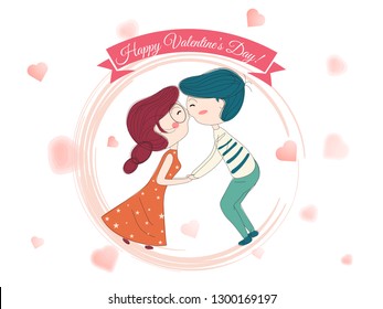 Cute couple in romantic pose on heart decorated background for Valentine's Day celebration poster or greeting card design.