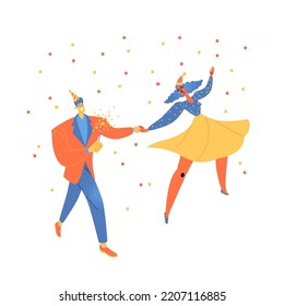 Cute couple in santa hat and cap dancing at new year or Christmas party. Funny characters in flat style