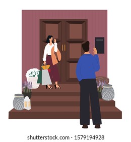 Cute couple saying goodbye and waving at woman’s home. Man and woman don’t want to leave after date. Romantic couple farewell.  Every day routine. Flat cartoon vector illustration.