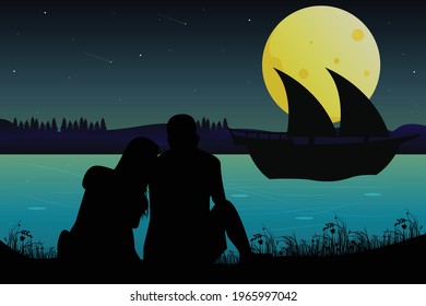 cute couple at the sea silhouette