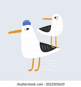 Un par de gaviotas cortas ilustraciones vectoriales. Aves marinas dibujadas a mano con fondo azul.