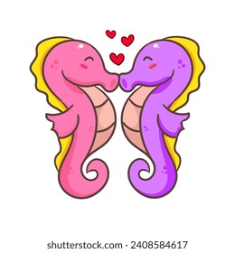 Cute couple seahorse cartoon character. Kawaii adorable animal concept design. Isolated white background. Hand drawn vector illustration.