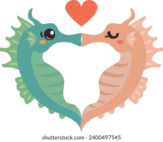 Cute couple of seahorses in love. Vector illustration isolated on white background