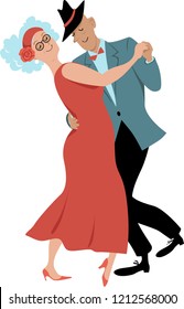 Cute couple of senior citizens dancing waltz, EPS 8 vector illustration