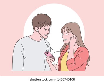 A cute couple is sharing their earphone and listening to music. hand drawn style vector design illustrations. 