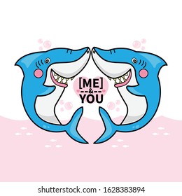 Cute  couple shark in cartoon style for Happy Valentine's greeting card.
