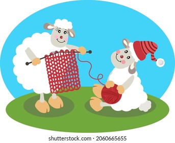 Cute couple sheeps knitting wool
