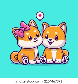 Cute Couple Shiba Inu Dog Sitting Cartoon Vector Icon Illustration. Animal Nature Icon Concept Isolated Premium Vector. Flat Cartoon Style