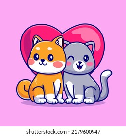 Cute Couple Shiba Inu Dog And Cat In Love Heart Cartoon Vector Icon Illustration. Animal Love Icon Concept Isolated Premium Vector. Flat Cartoon Style