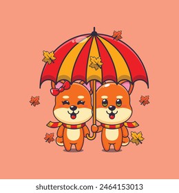 Linda pareja shiba inu con paraguas en la temporada de otoño. Ilustración vectorial de dibujos animados de la mascota conveniente para el póster, folleto, Web, mascota, etiqueta engomada, logotipo e icono.