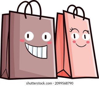 Cute couple shopping bag character smiling
