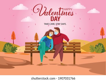 cute couple sitting on bench. happy valentines day Vector illustration with beautiful landscape. covid corona virus concept