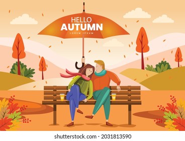 cute couple sitting on bench. Hello Autumn Vector illustration with beautiful landscape.	