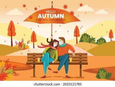 cute couple sitting on bench. Hello Autumn Vector illustration with beautiful landscape. covid corona virus concept	