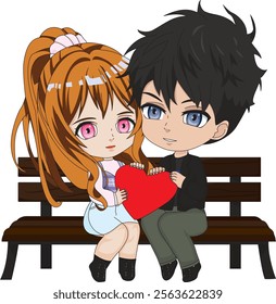 Cute Couple Sitting On Bench Holding Heart Vector