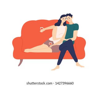 Cute couple sitting on sofa and drinking wine during romantic date. Portrait of boyfriend and girlfriend spending time together at home. Man and and woman in love. Flat cartoon vector illustration.