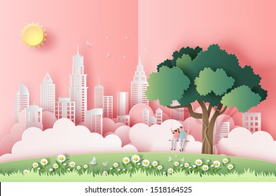 Cute couple sitting on a swing under a tree in a big city, pop up card, paper art style, flat-style vector illustration.