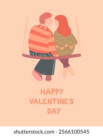 A cute couple is sitting on a swing and hugging. Greeting card, valentine card, poster