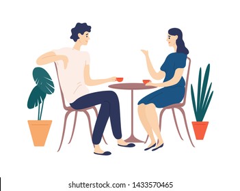 Cute couple sitting at table, drinking tea or coffee and talking. Young funny man and woman at cafe on date. Dialog or conversation between romantic partners. Flat cartoon vector illustration.