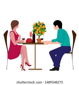 Cute couple sitting at table, drinking tea or coffee and talking. Young funny man and woman at cafe on date. Dialog or conversation between romantic partners. Flat cartoon vector illustration.