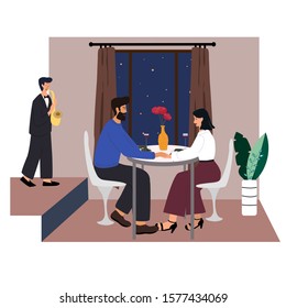 Cute couple sitting at table, drinking wine and talking. Man and woman at cafe on date. Romantic  couple conversation.  Saxophonist performing music in restaurant. Flat cartoon vector illustration.