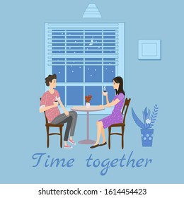 Cute couple sitting at table, drinking tea or coffee and talking cafe. Young man and woman romantic relationship. Male female characters. Vector illustration flat cartoon