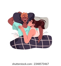 Cute couple sleep in bed. Asleep man snoring, sleepy woman lying with insomnia, top view. People relax, rest and cuddle at night in relationship. Flat isolated vector illustration on white background